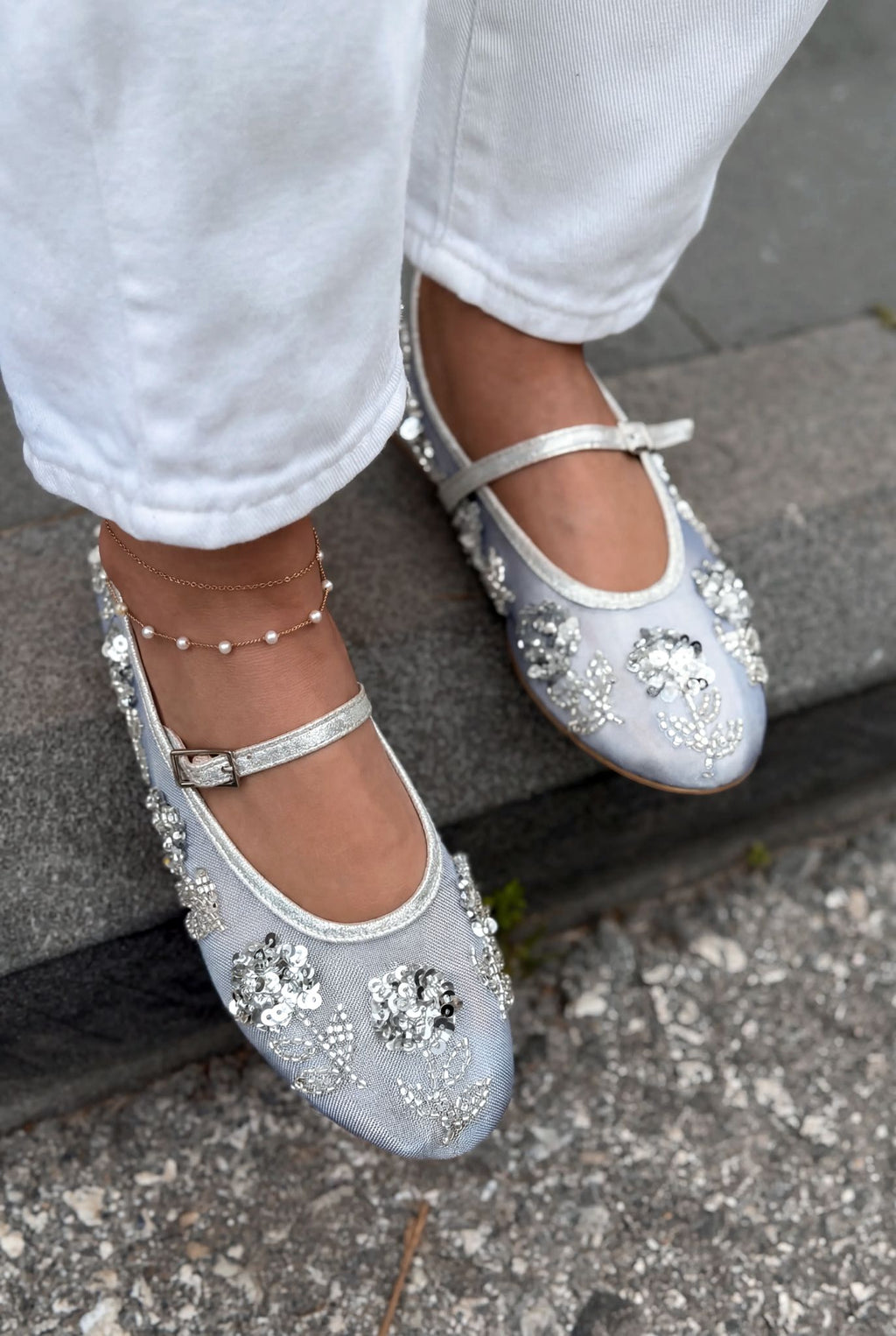 Telora Silver Embroidered Women's Flats