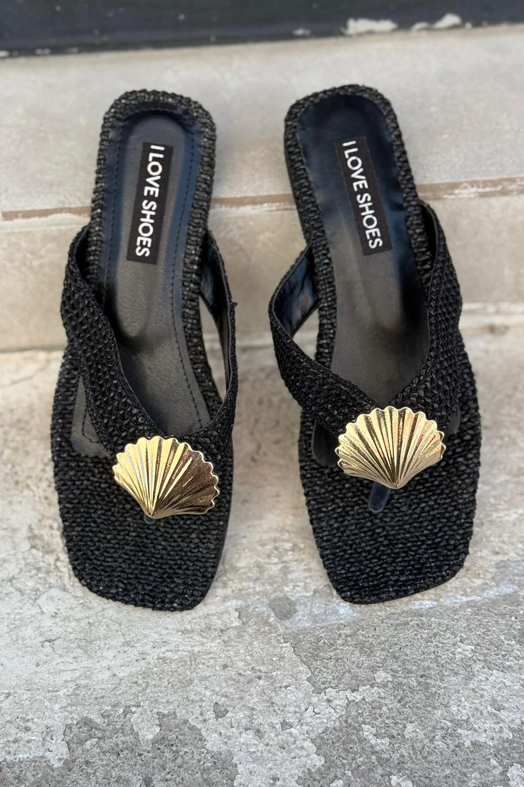 Lovante Woven Black Toe Ring Flat Sandals