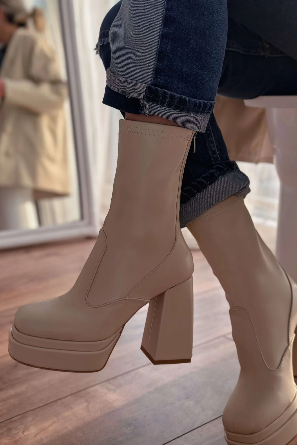 Lestina Beige Stretch Faux Leather Women's Boots