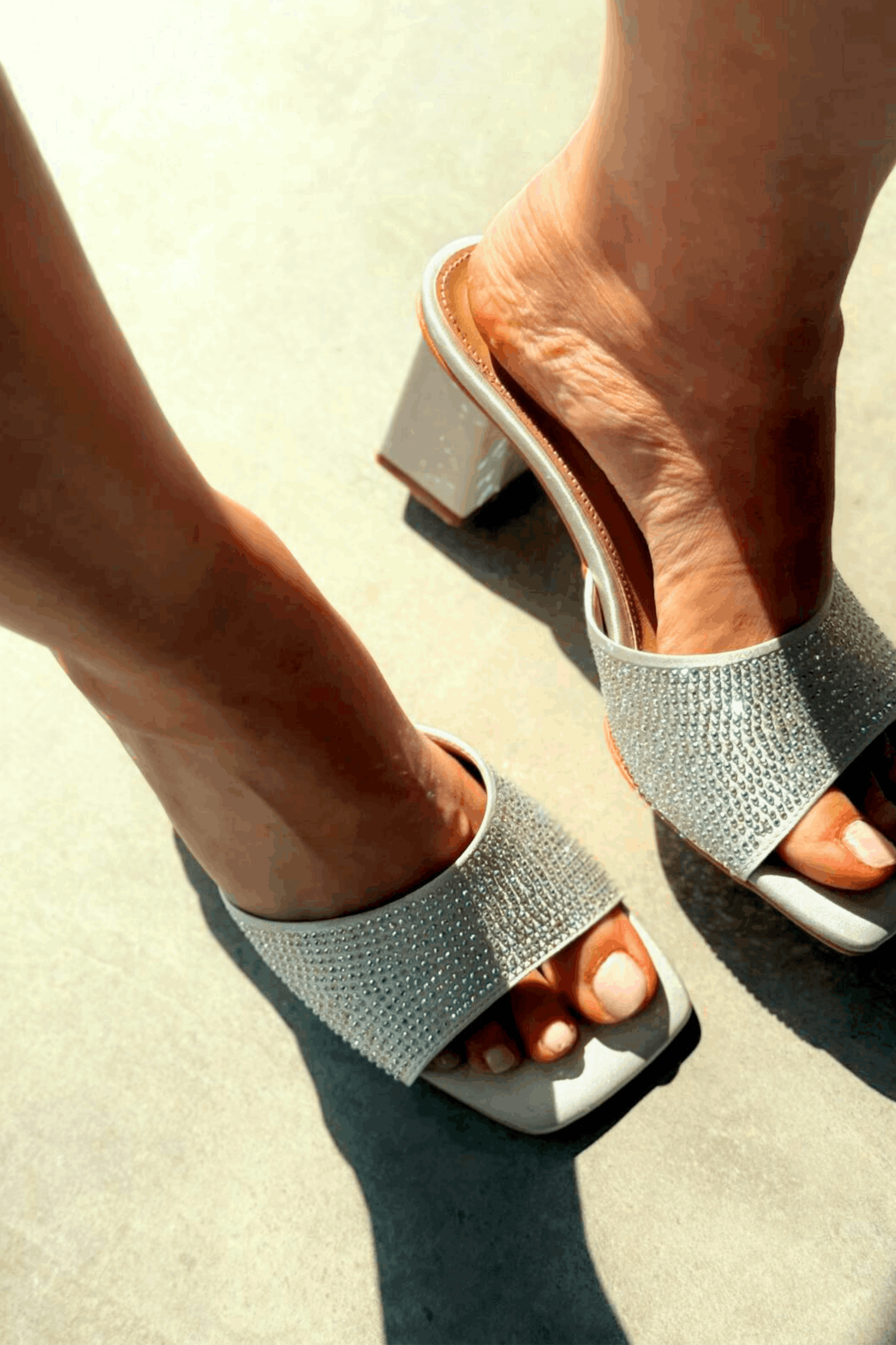 Norma Satin Silver Rhinestone Block Heel Mules