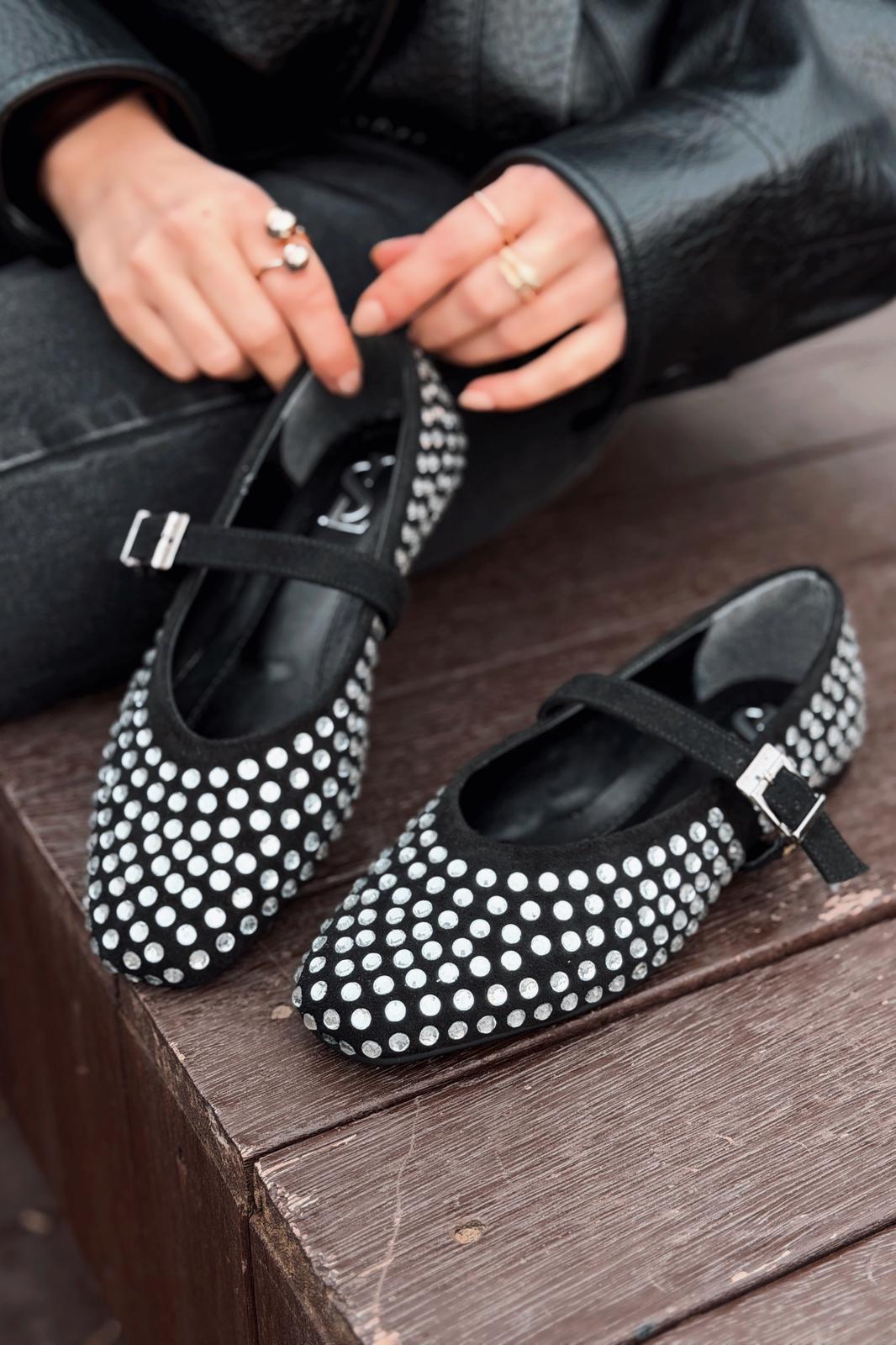 Orion Black Suede Gray Stone Detail Women's Flats