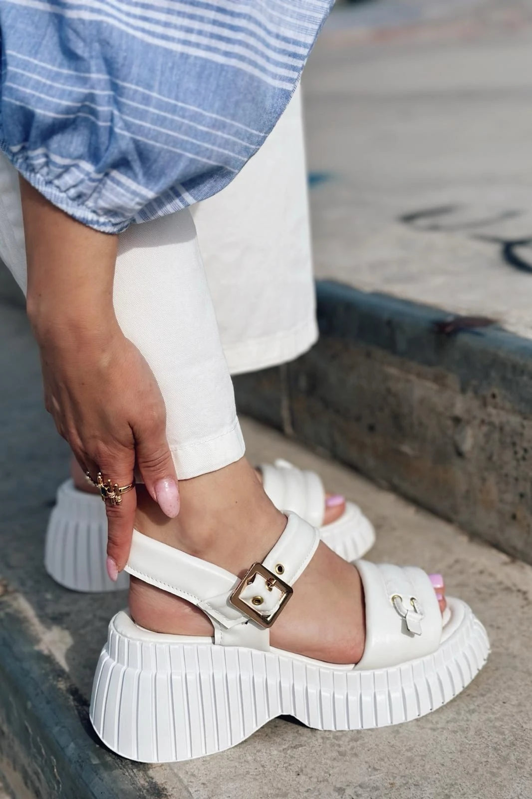 Jonix White Faux Leather Platform Women's Sandals