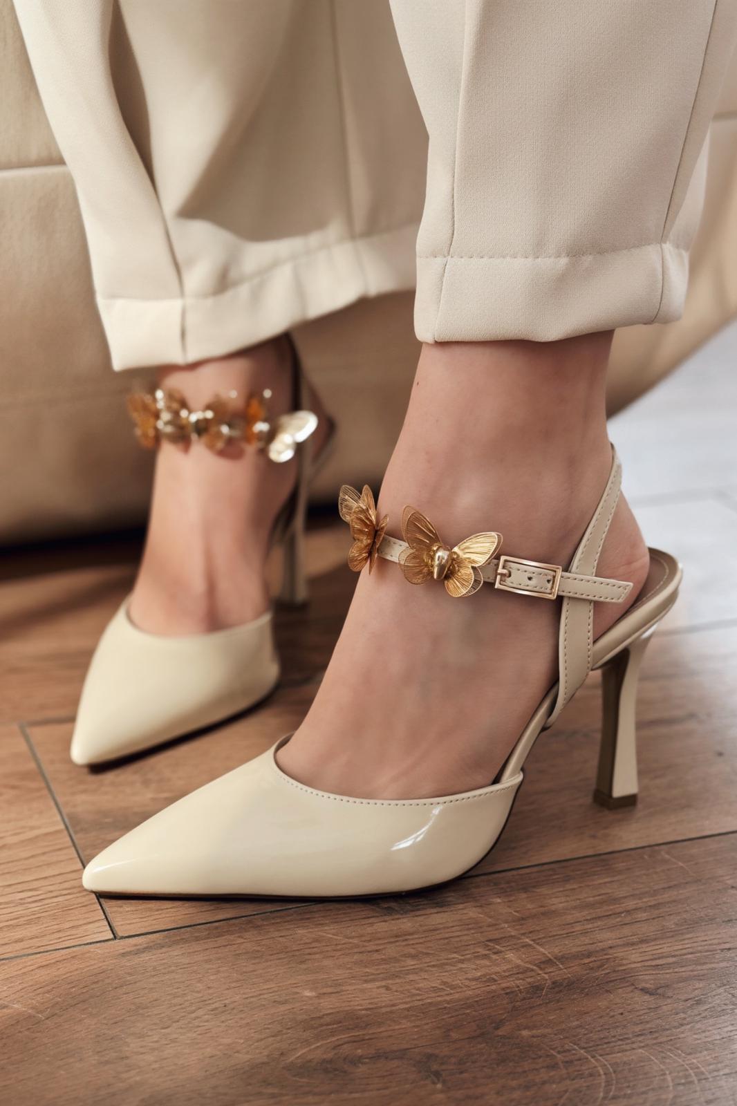 Senar Beige Patent Faux Leather Women's Stilettos Butterfly Detail