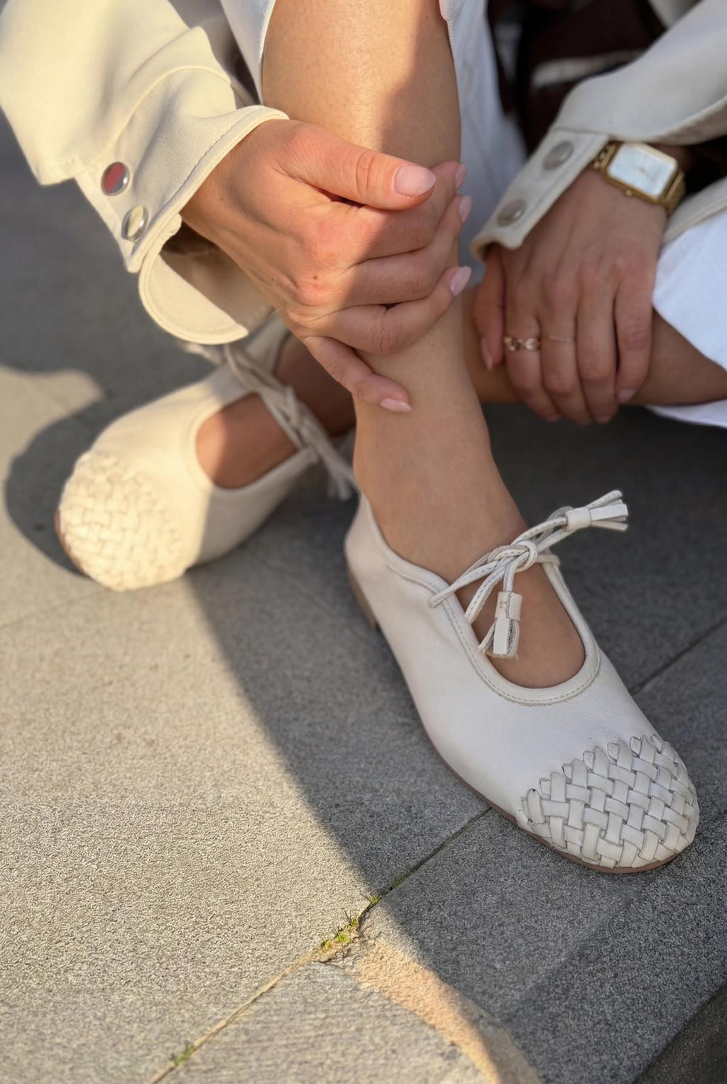 Talorin Beige Genuine Leather Women's Lace-Up Flats