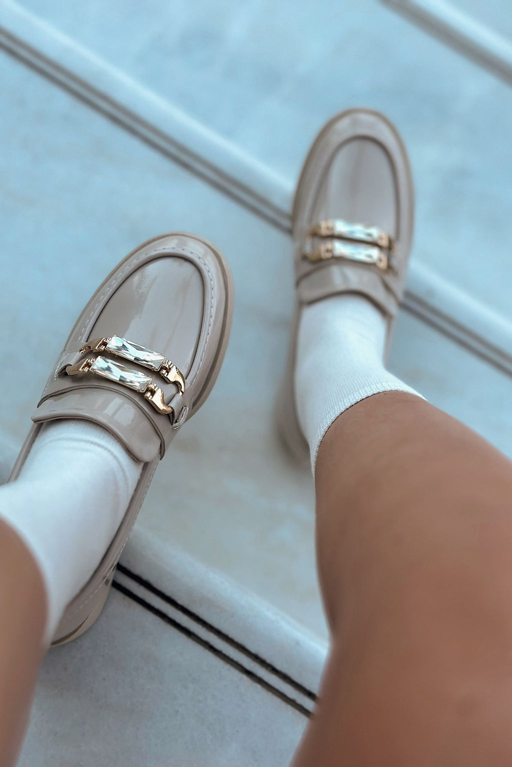 Sabella Beige Patent Faux Leather Embellished Women's Loafers