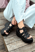 Oneyas Black Faux Leather Women's Pumps Sandals