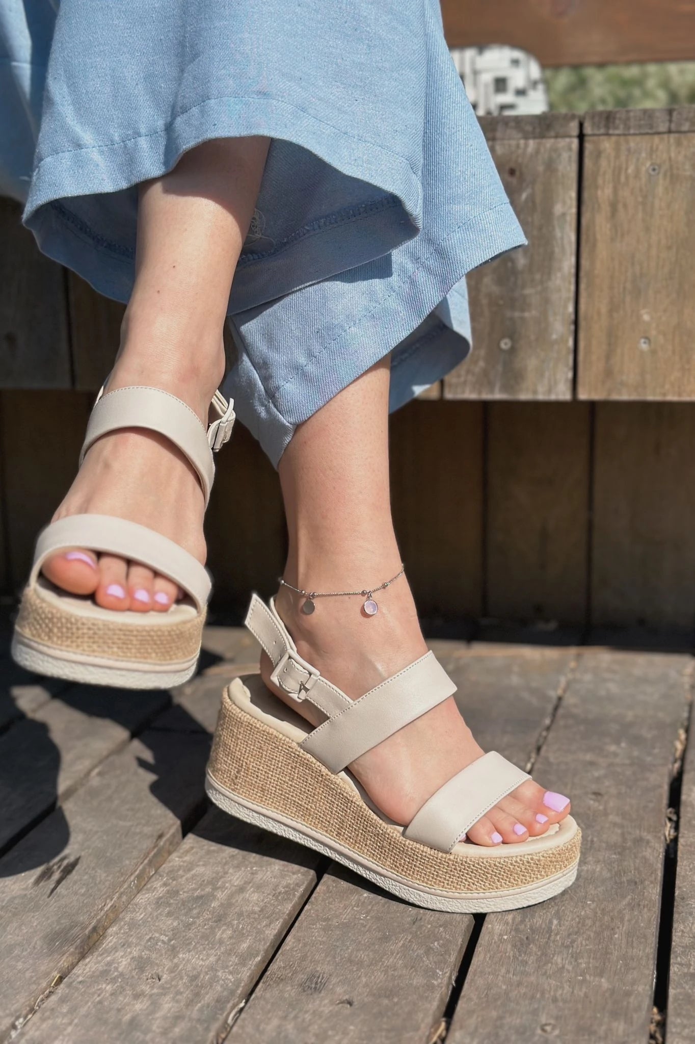 Santes Beige Faux Leather Wedge Heel Women's Sandals