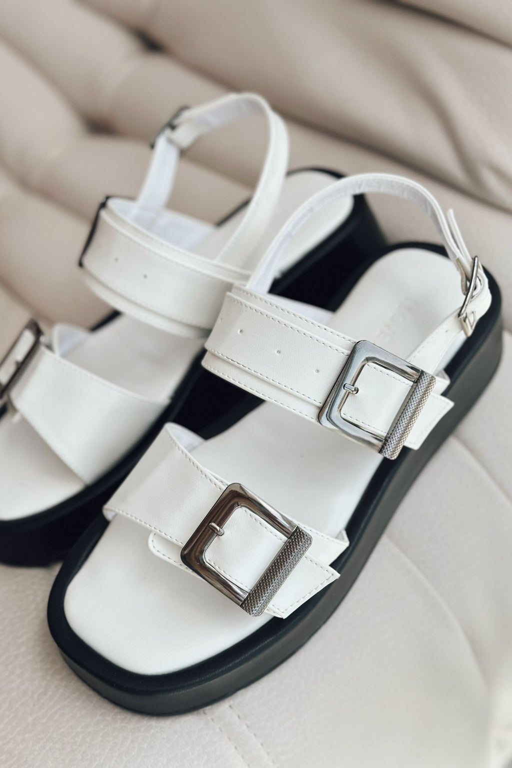 Perina White Faux Leather Buckle Detail Women's Sandals