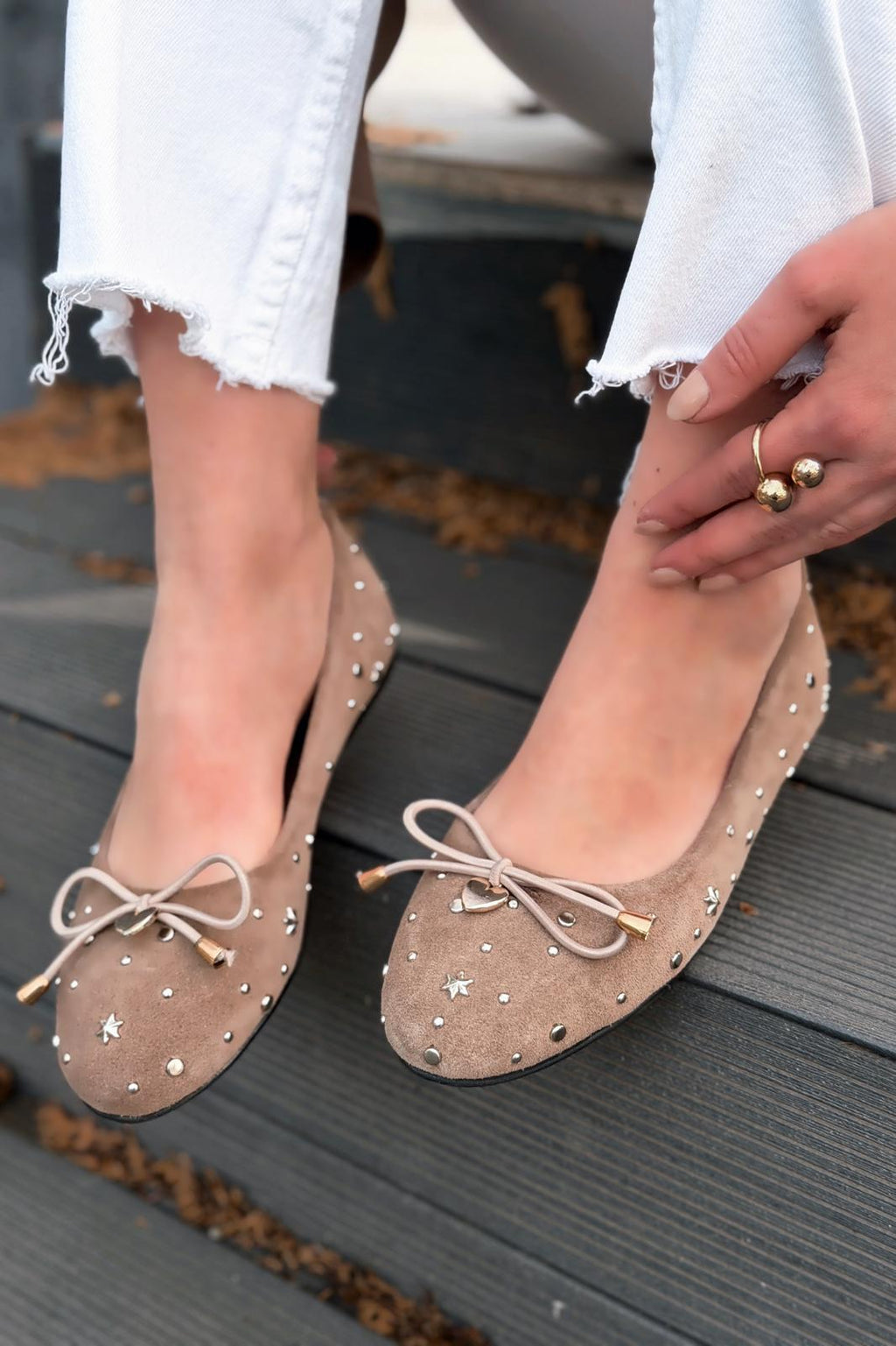 Vessa Taupe Genuine Suede Studded Women's Flats