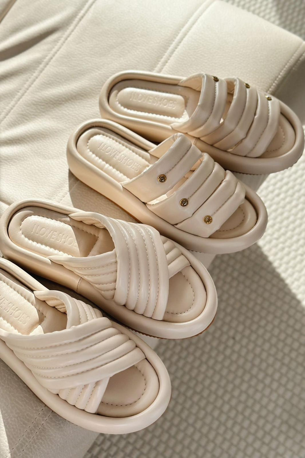 Laursa Beige Faux Leather Stone-Embellished Women's Slides