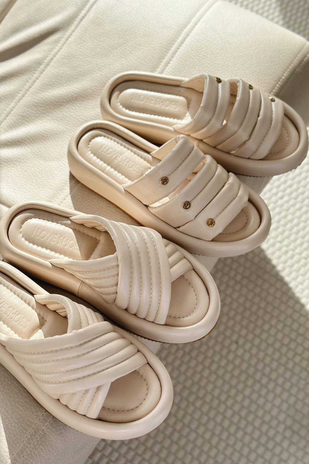 Laursa Beige Faux Leather Stone-Embellished Women's Slides