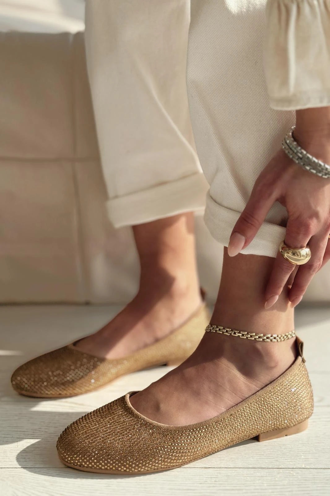 Lodiya Beige Satin Stone-Embellished Women's Flats