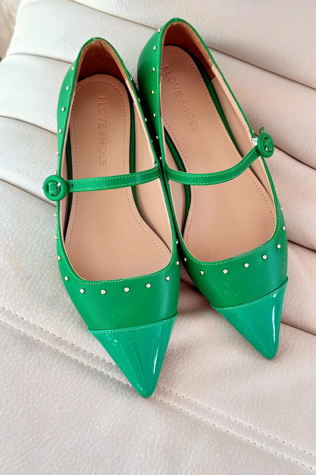 Panilo Green Faux Leather Studded Women's Flats