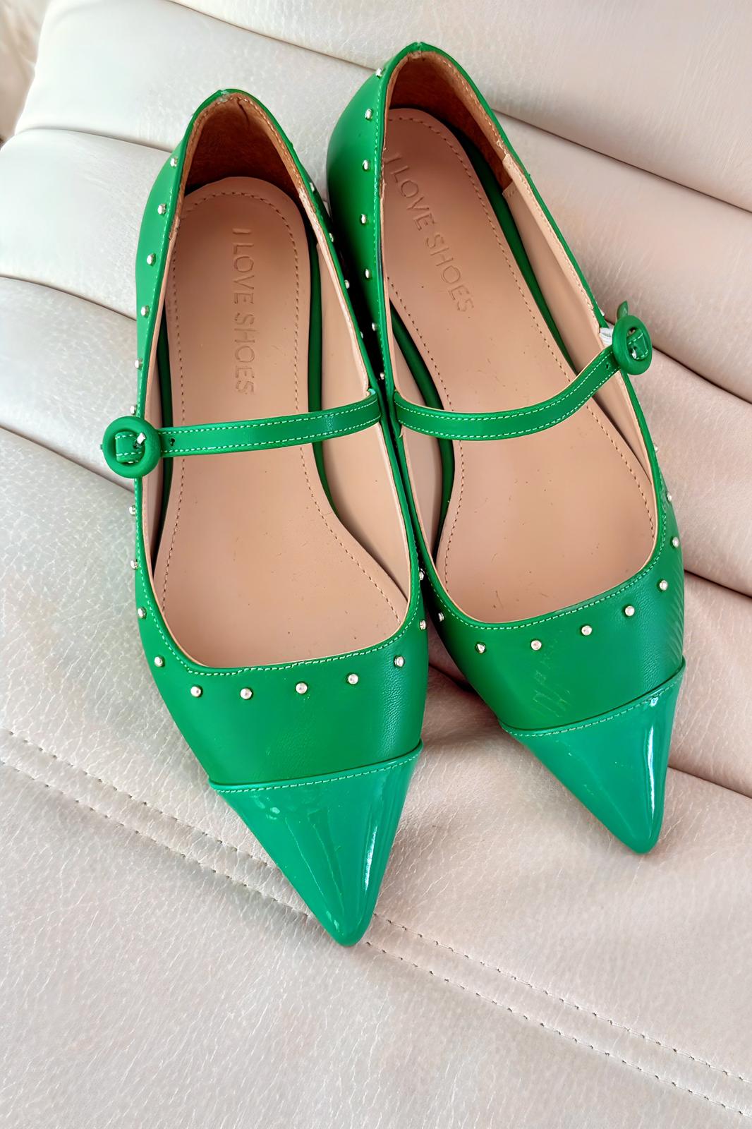 Panilo Green Faux Leather Studded Women's Flats