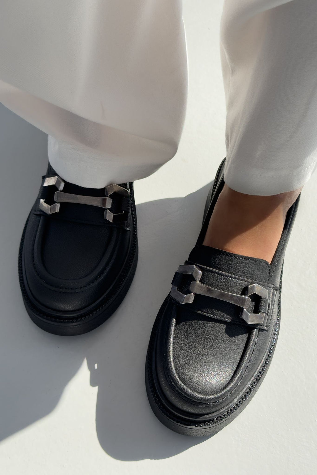 Owend Black Faux Leather Buckle Detail Women's Loafers