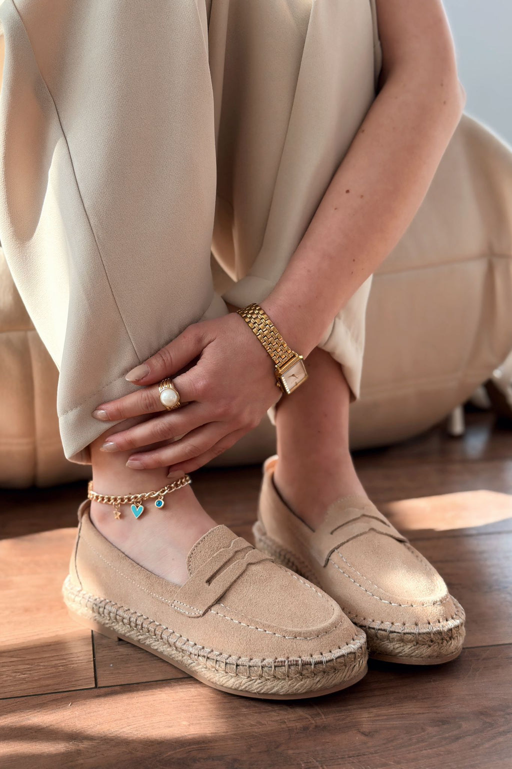 Celure Beige Genuine Suede Women's Espadrille Loafers