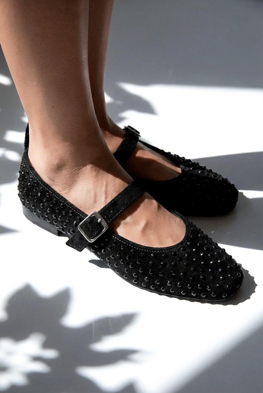 Orion Black Suede Black Crystal Detail Women's Flats