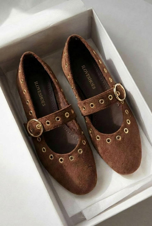 Dorin Dark Brown Suede Studded Women's Flats