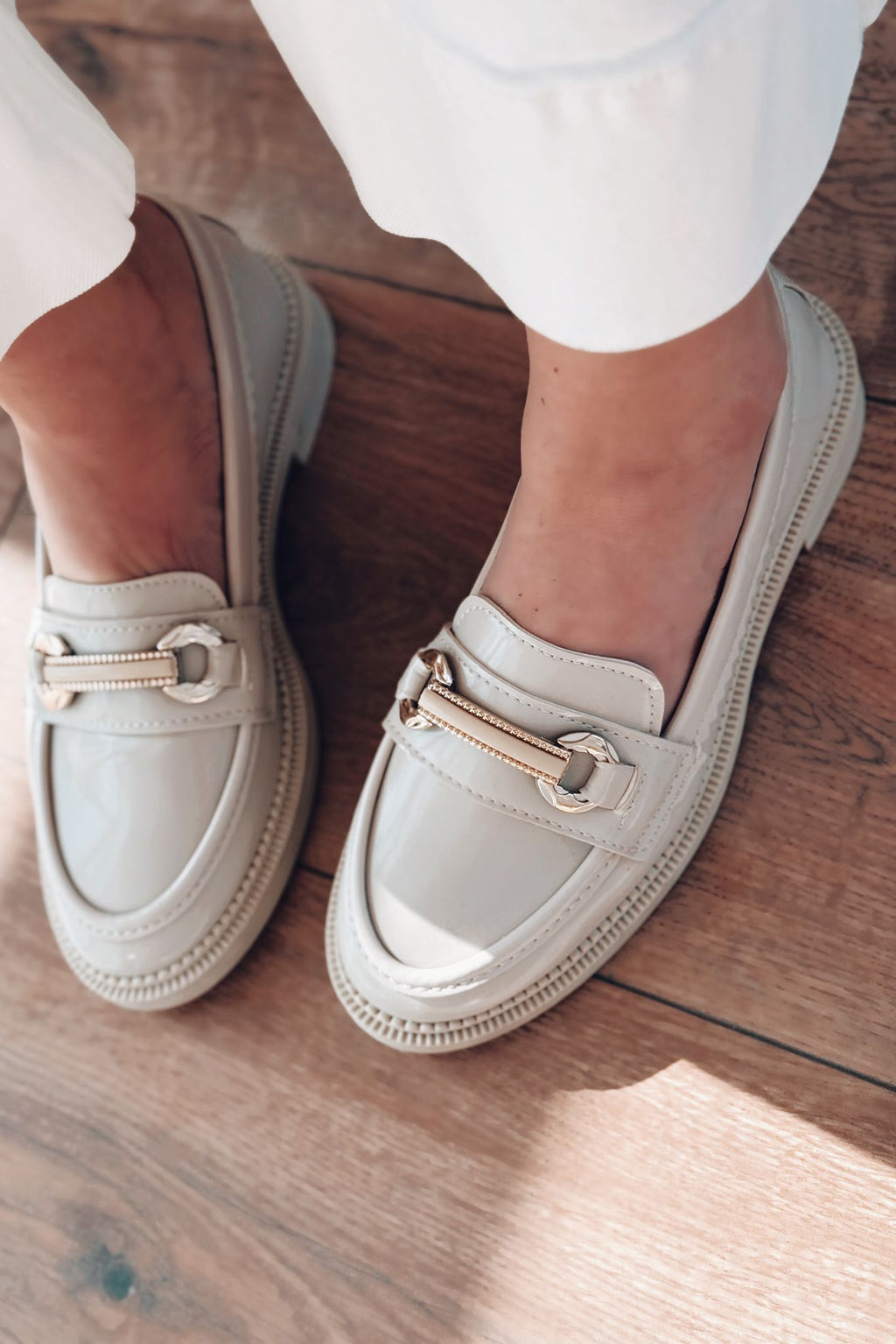 Duvra Beige Patent Faux Leather Gold Buckle Detail Women's Loafers