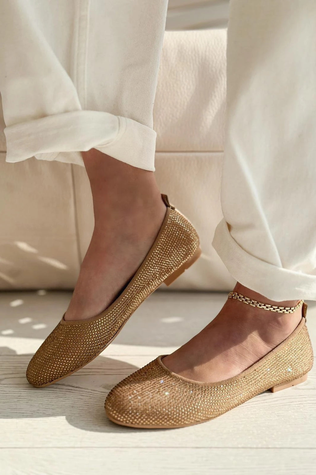 Lodiya Beige Satin Stone-Embellished Women's Flats