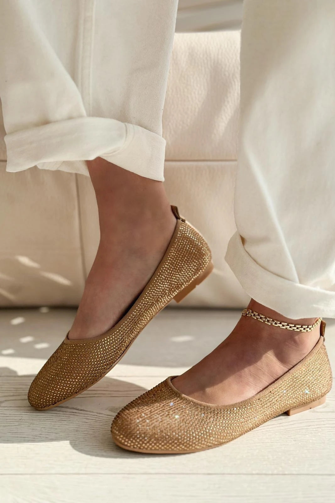 Lodiya Beige Satin Stone-Embellished Women's Flats