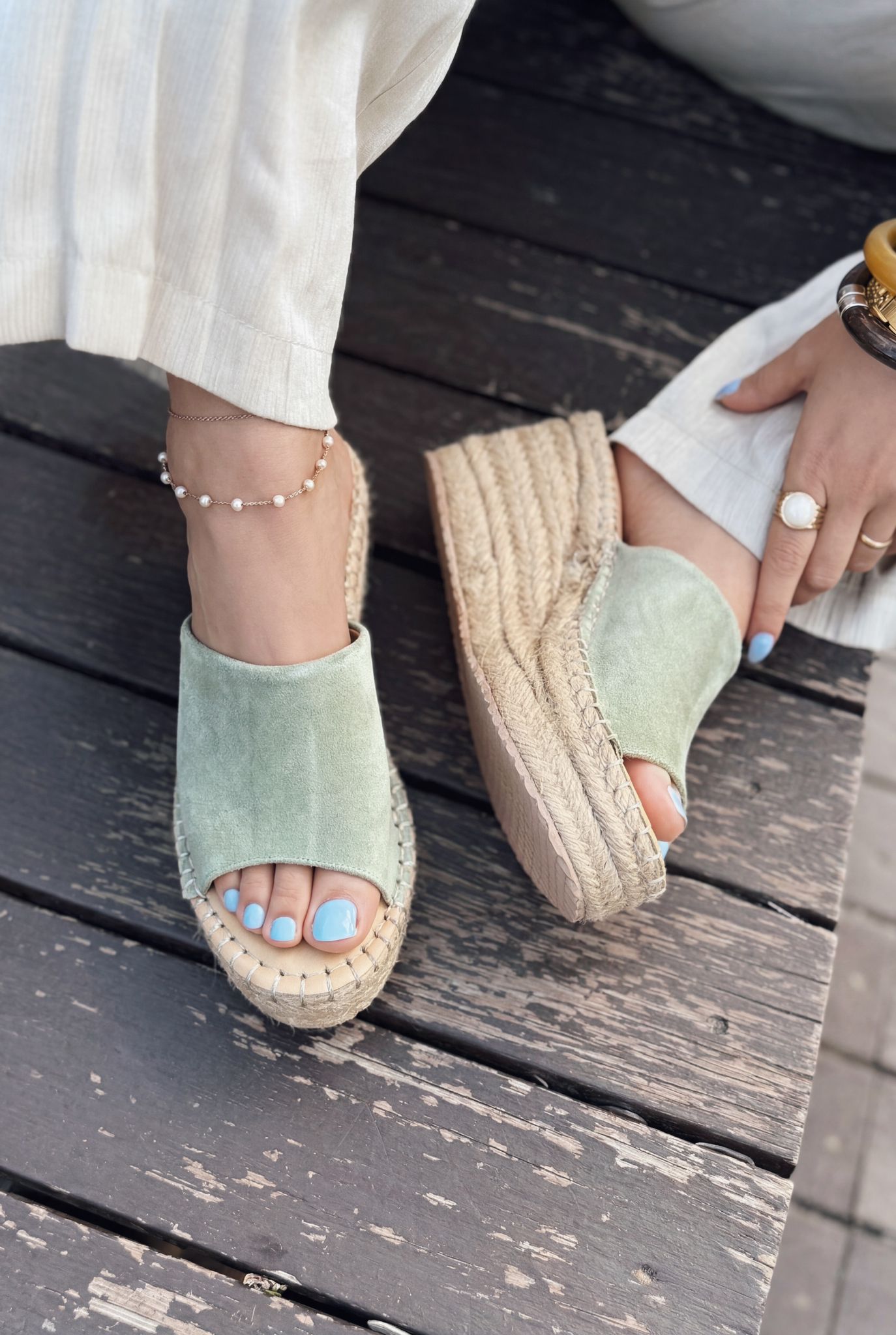 Lorver Green Genuine Suede Women's Wedge Heel Mules