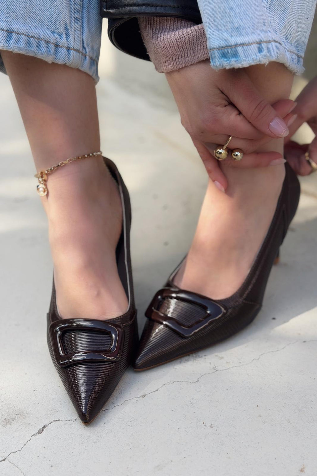 Finrel Light Brown Patent Faux Leather Women's Stilettos