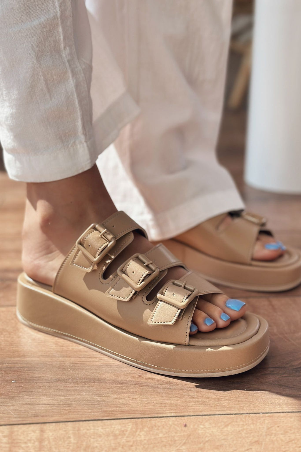 Bertix Nude Faux Leather Buckle Detail Women's Slides