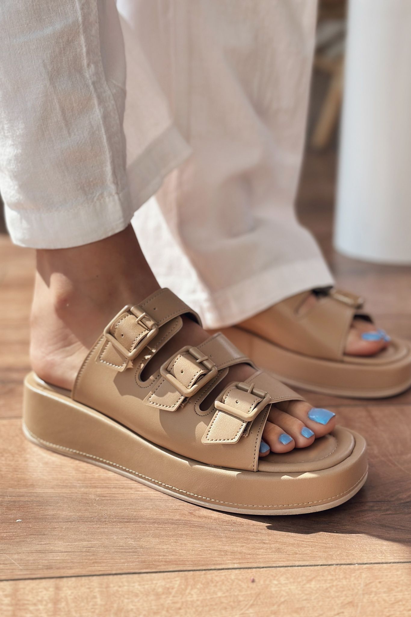 Bertix Nude Faux Leather Buckle Detail Women's Slides