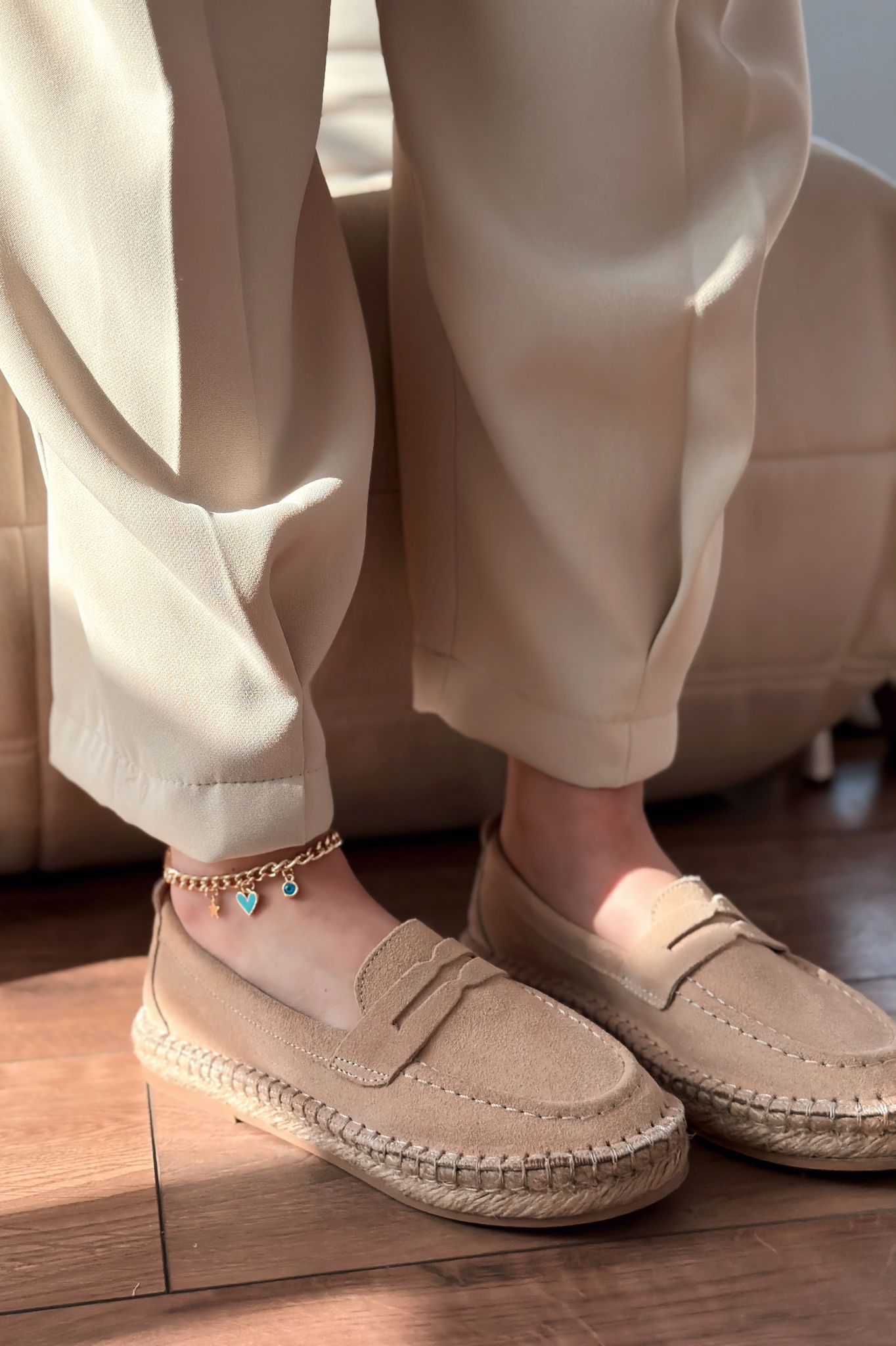 Celure Beige Genuine Suede Women's Espadrille Loafers