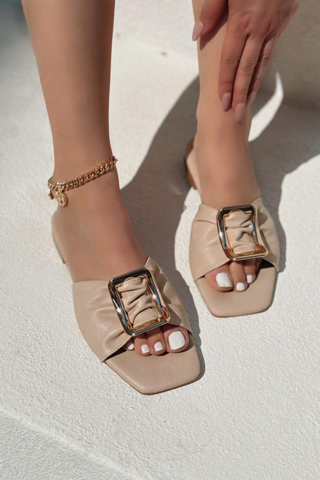 Morisa Beige Faux Leather Buckle Detail Women's Mules