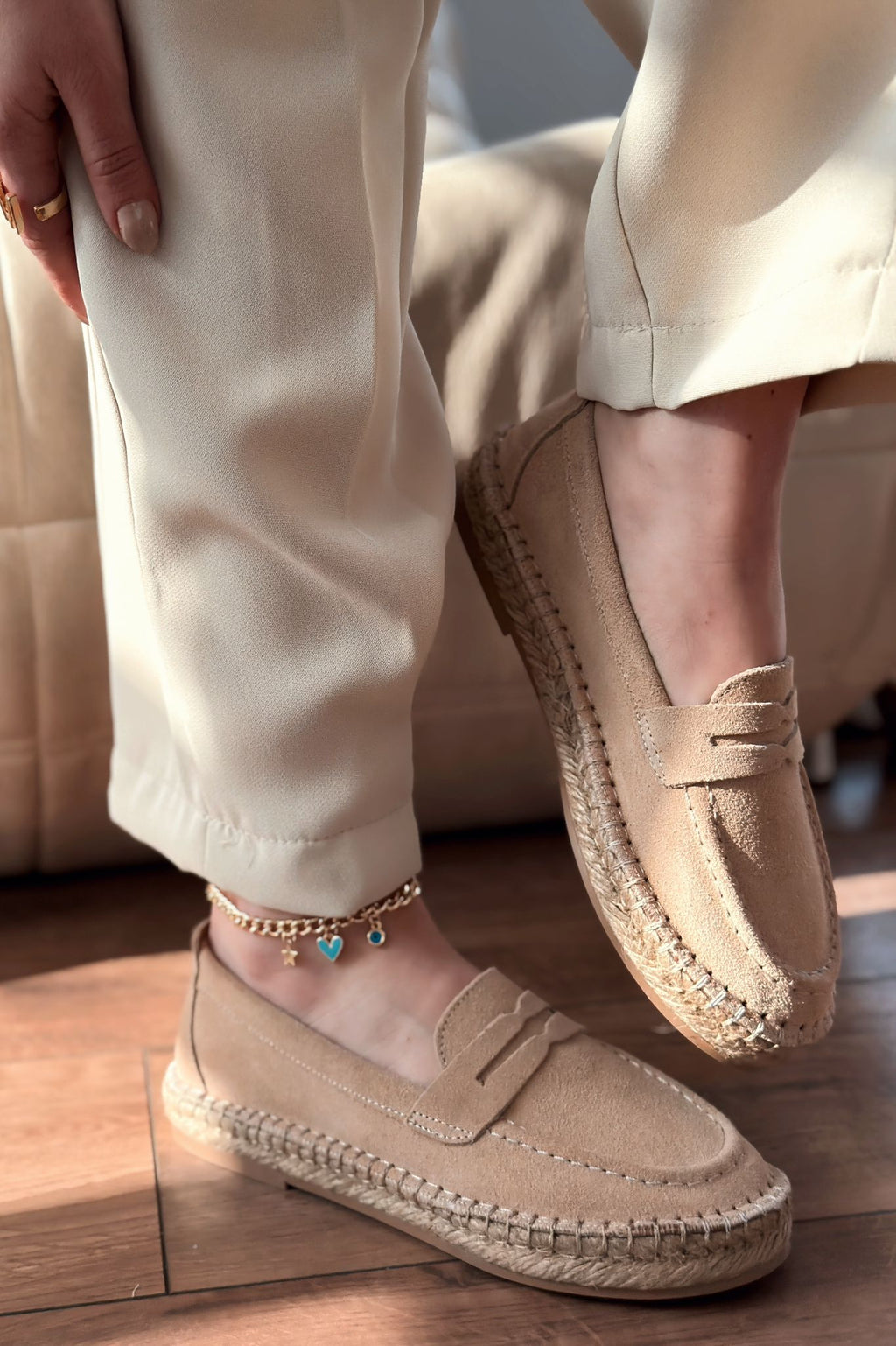Celure Beige Genuine Suede Women's Espadrille Loafers