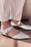 Peronsa Silver Faux Leather Button Detail Women's Flats