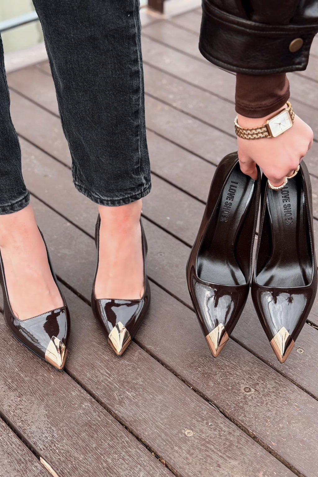 Noctra Light Brown Patent Faux Leather Women's Stilettos