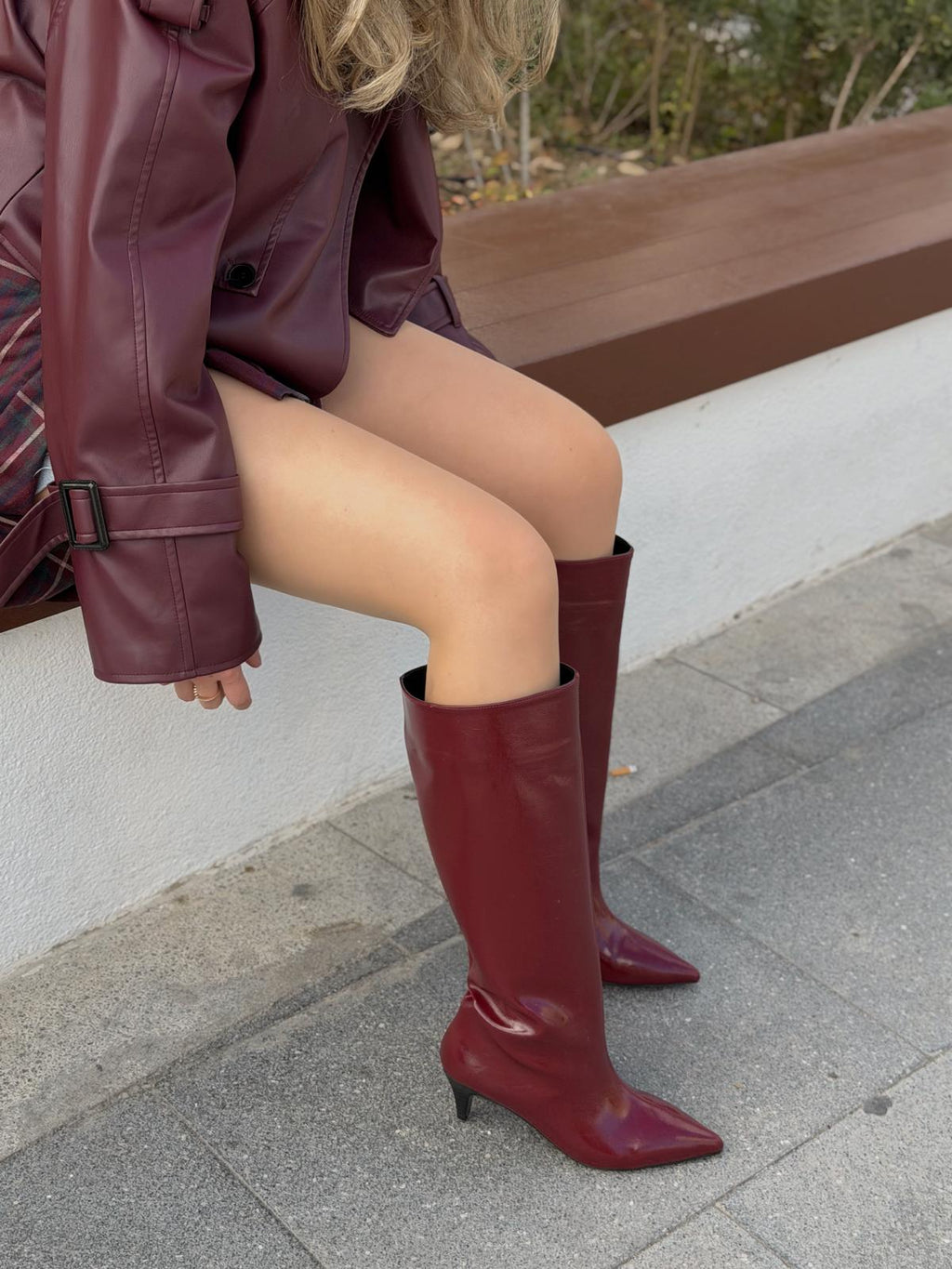 Remni Women's Bordeaux Crinkle Patent Faux Leather Boots