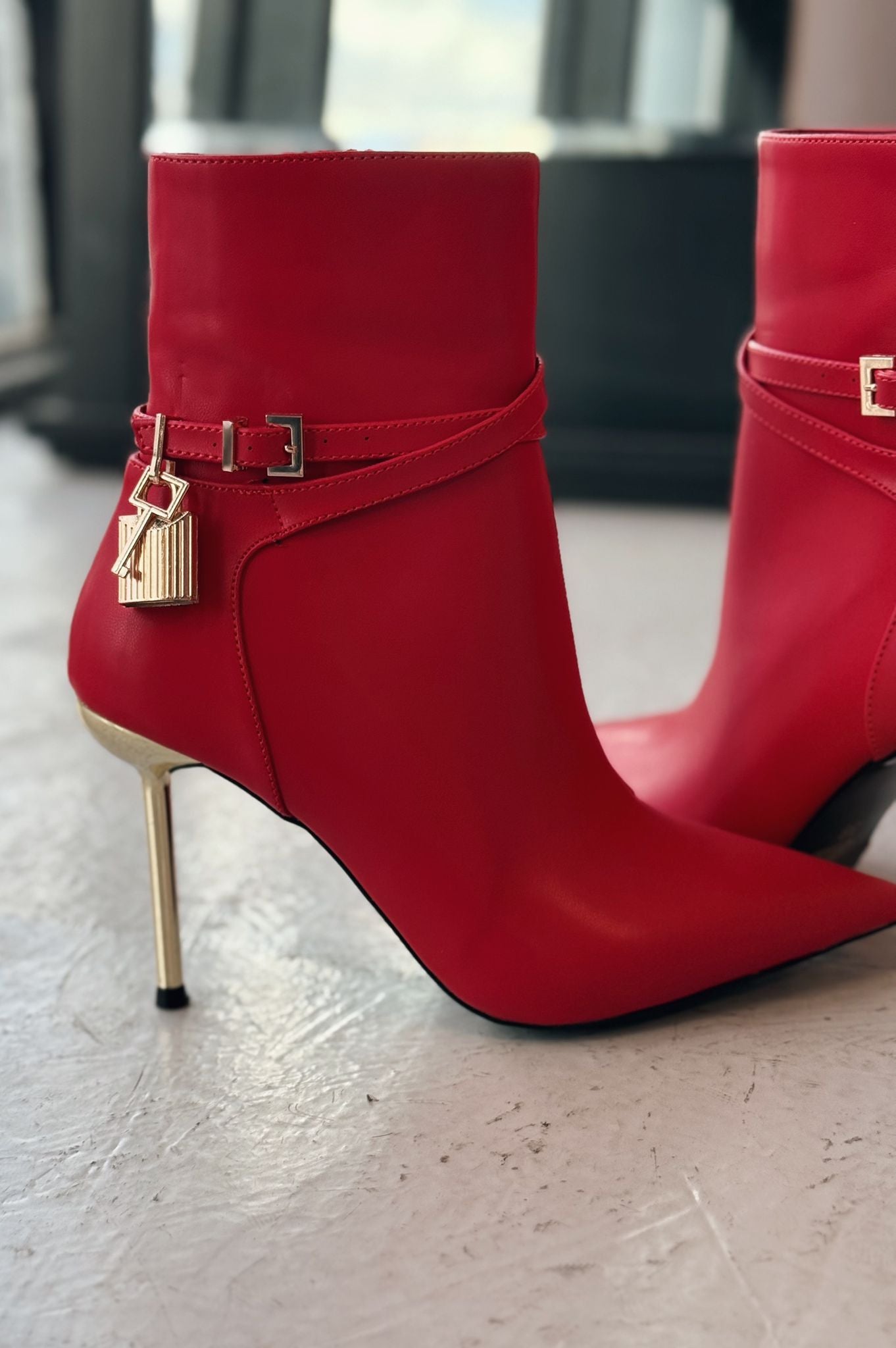 Teronsa Red Faux Leather Buckle Detail Pumps Boots