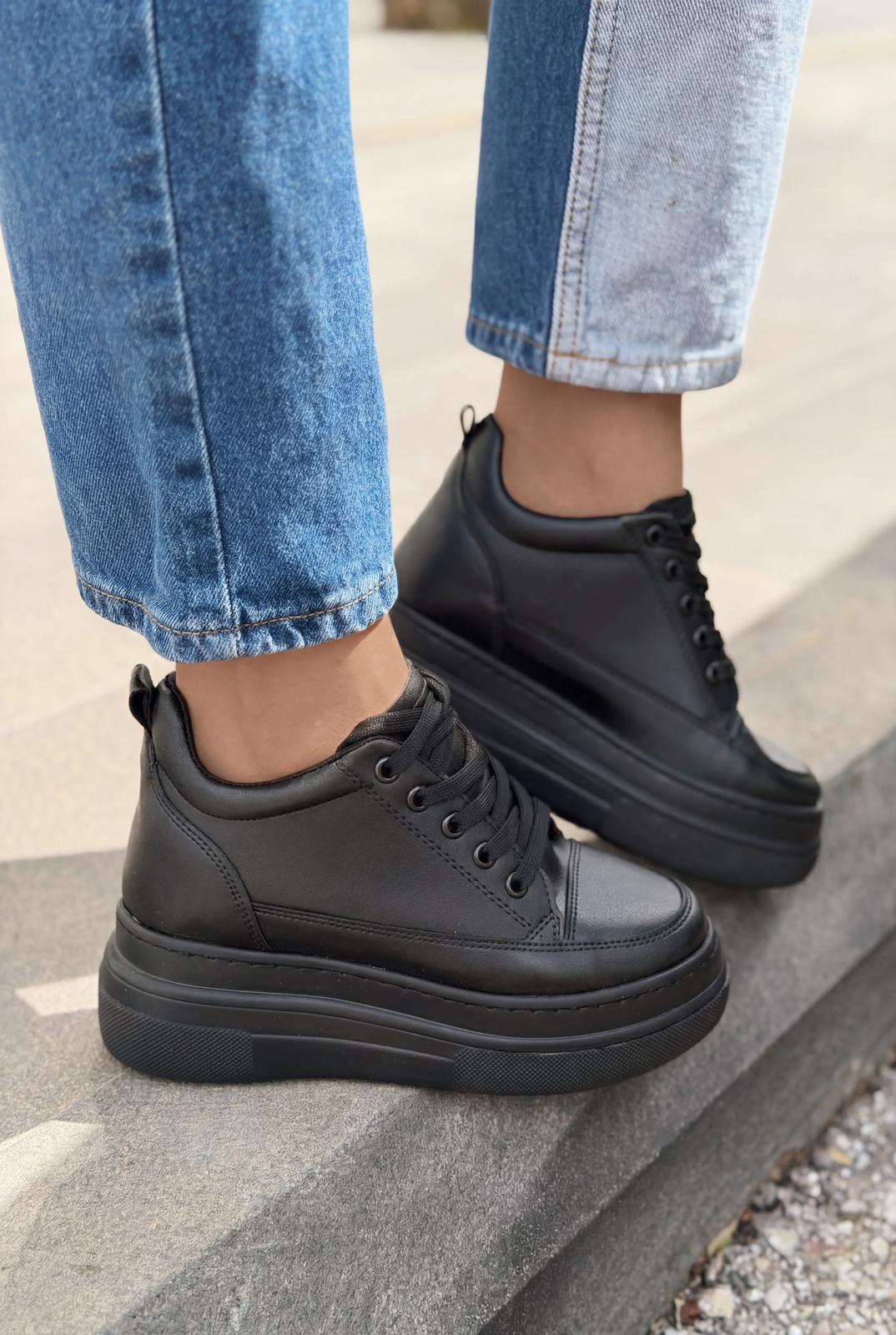 Korin Black Faux Leather Women's Hidden Wedge Sneakers