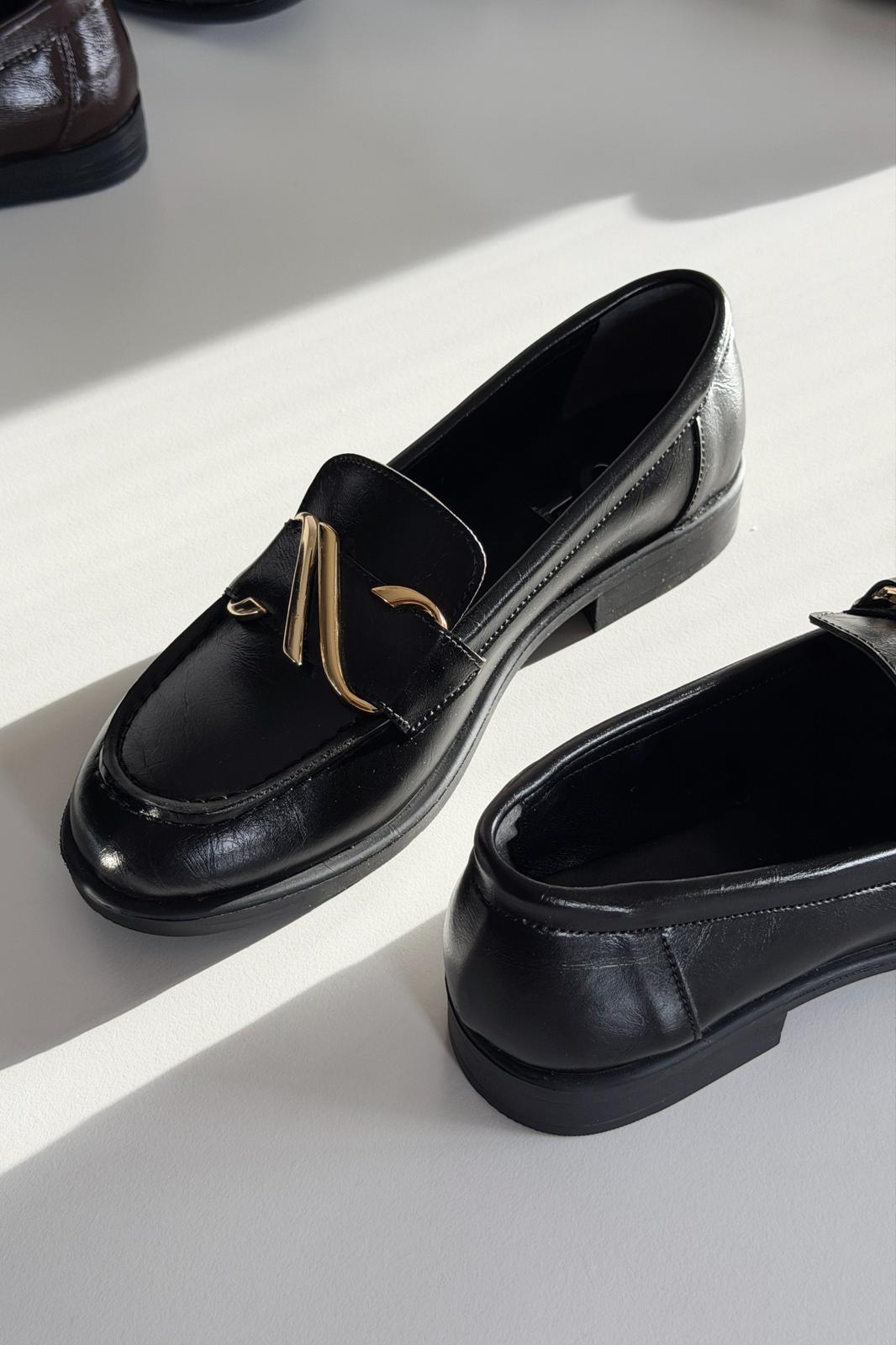 Vantor Black Faux Leather Buckle Detail Women's Loafers