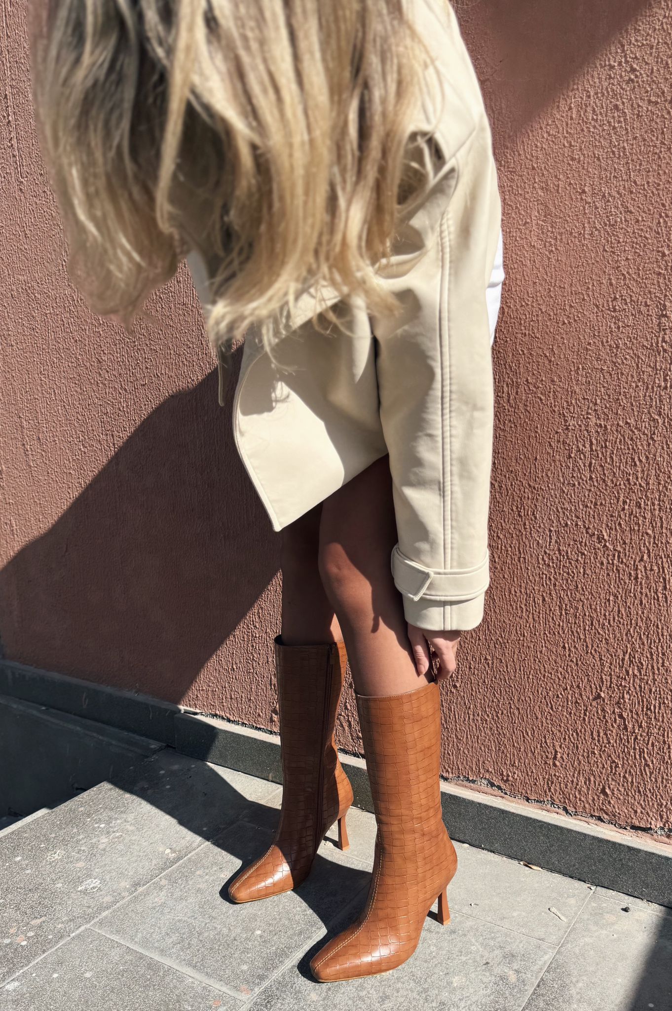 Jorani Faux Leather Embossed Tan High Heel Boots