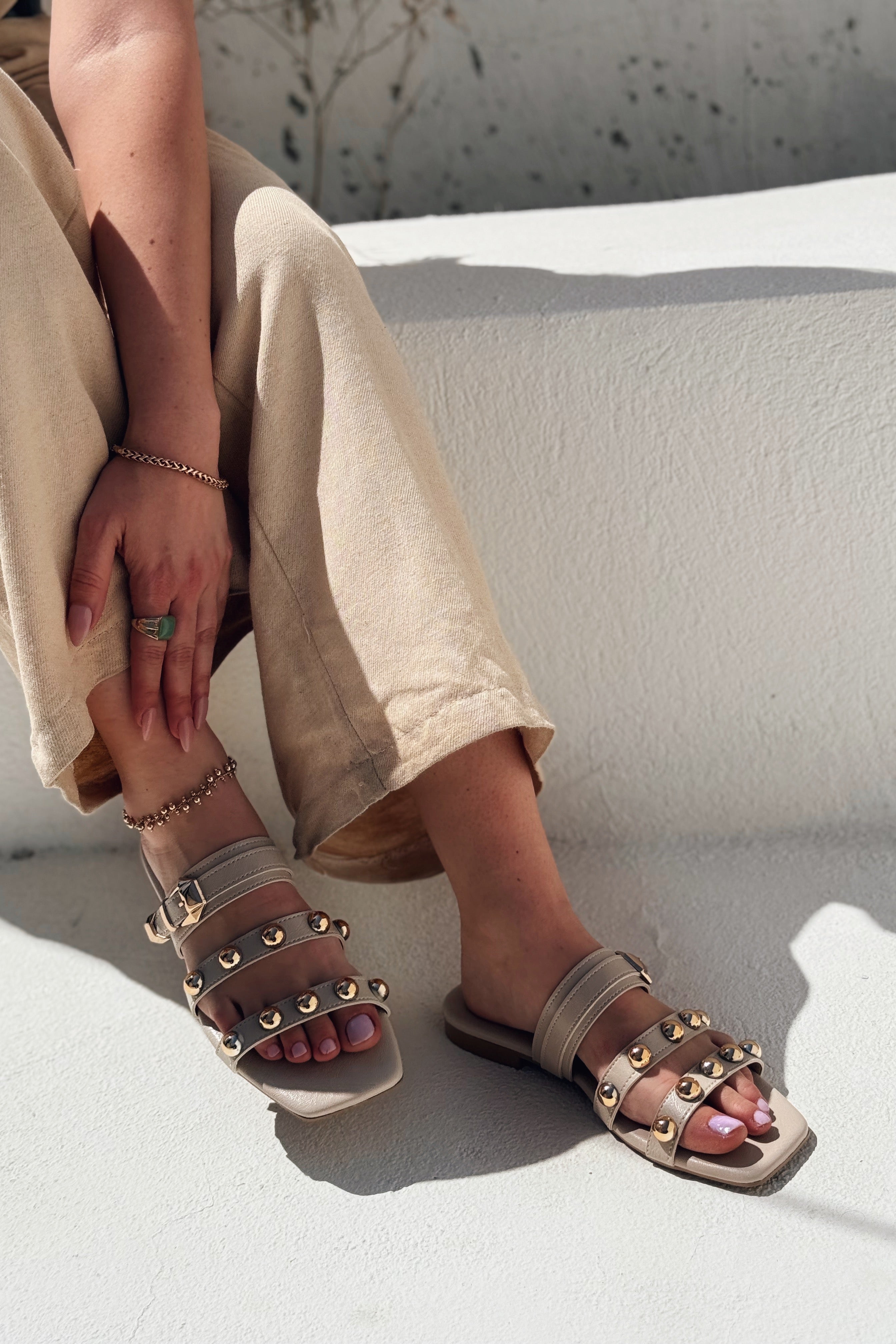 Dawist Beige Faux Leather Studded Flat Women's Mules