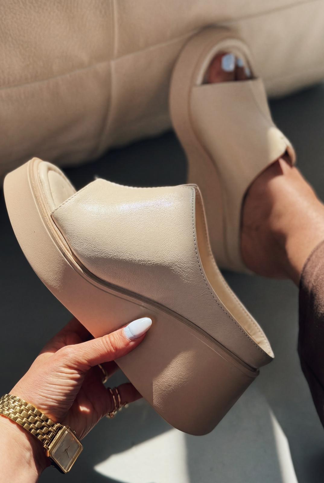 Torvyn Beige Faux Leather Women's Wedge Heel Mules