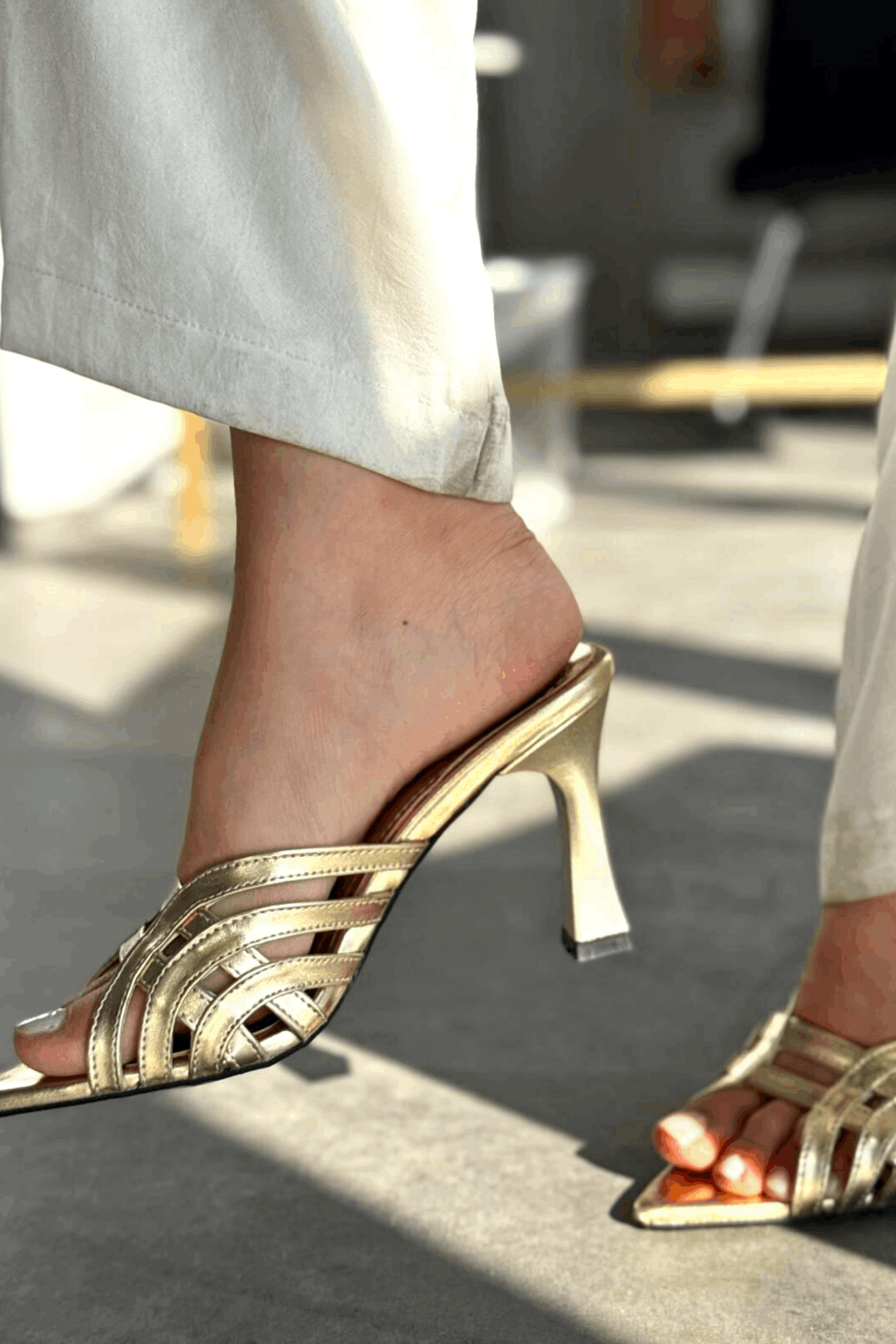 Lumon Gold Patent Faux Leather Strap Detail Pumps