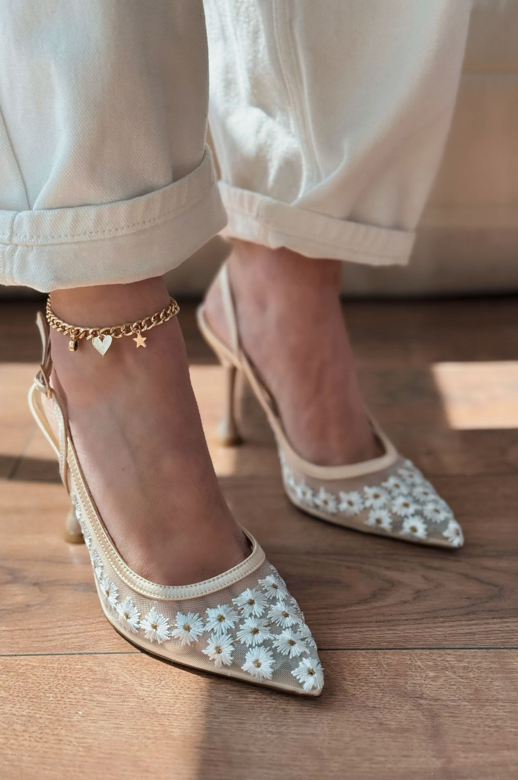 Dasewi Beige Mesh Women's Stilettos