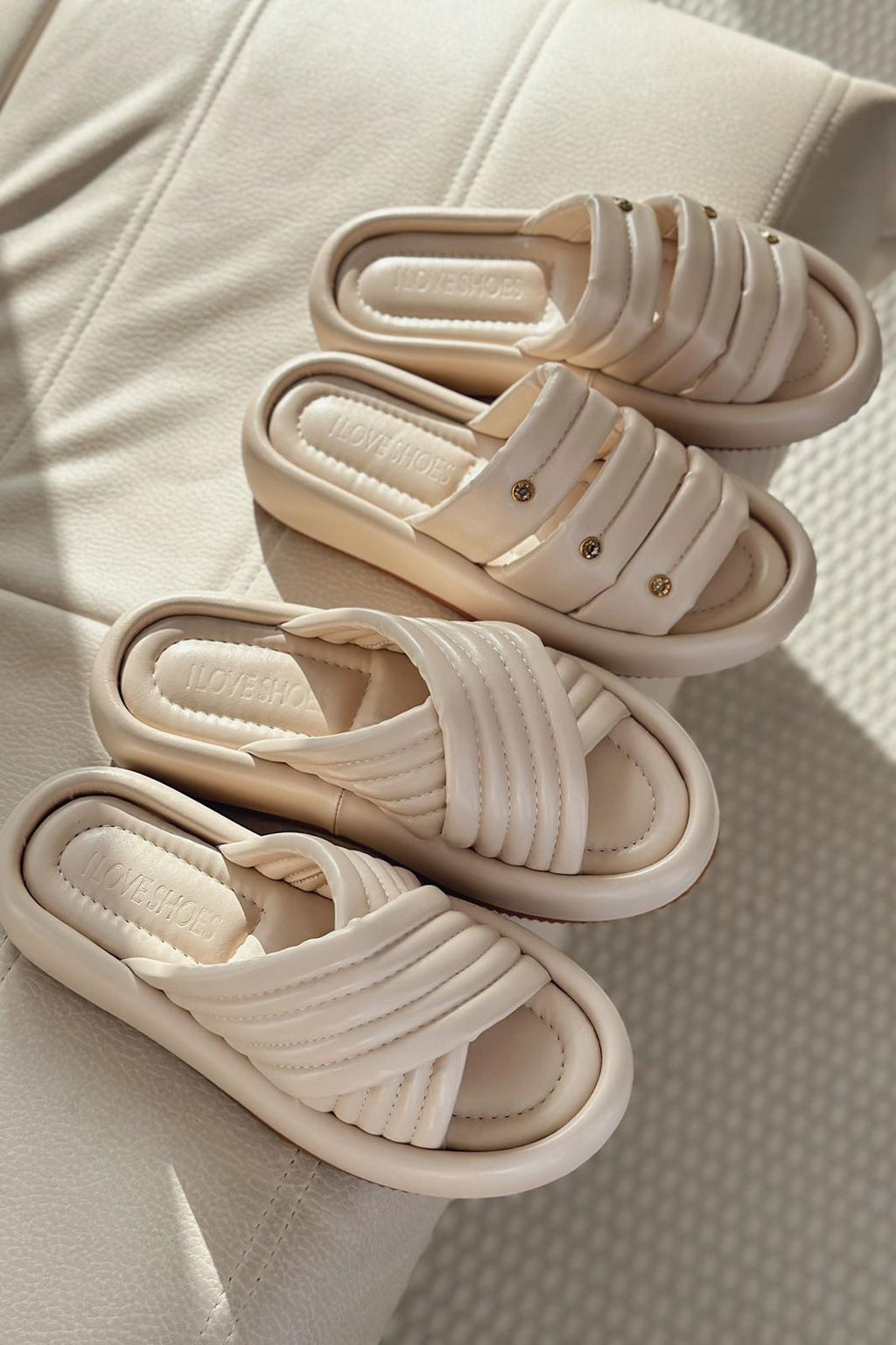 Laursa Beige Faux Leather Stone-Embellished Women's Slides