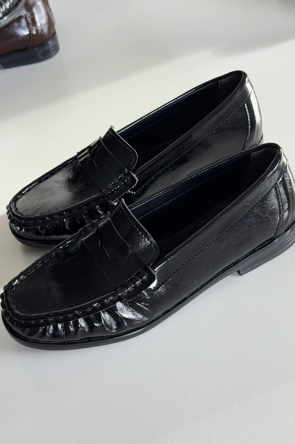 Marcel Black Crinkled Patent Faux Leather Women's Loafers