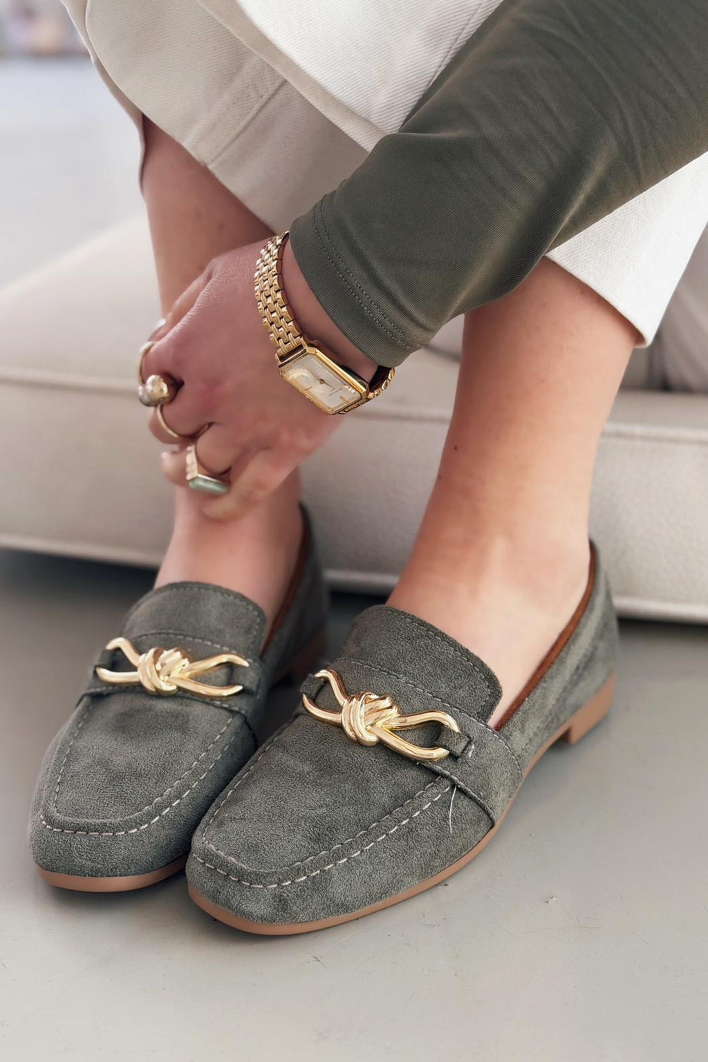 Avelis Khaki Suede Bow Detail Women's Loafers