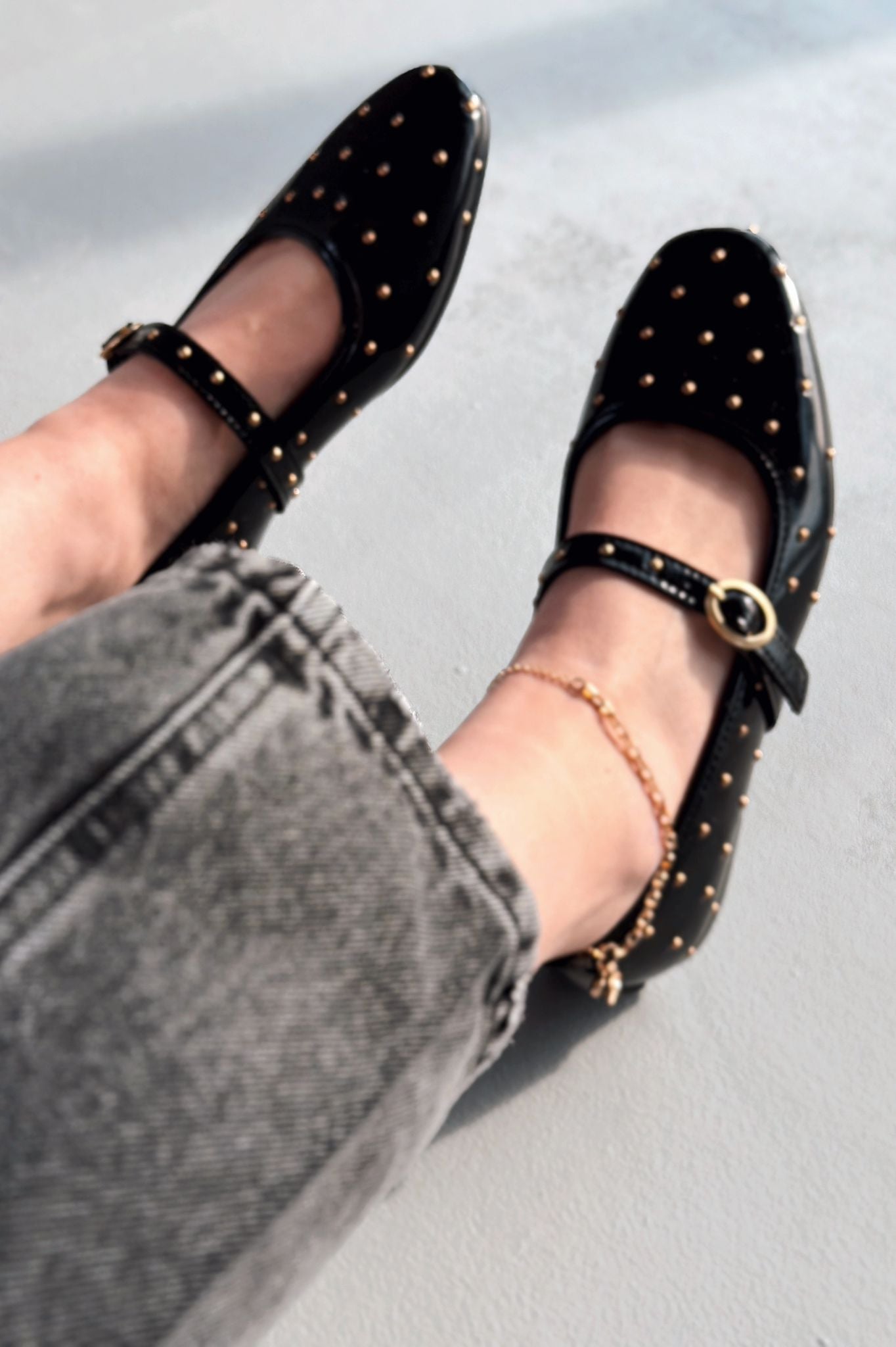 Lunessa Black Patent Faux Leather Studded Women's Flats
