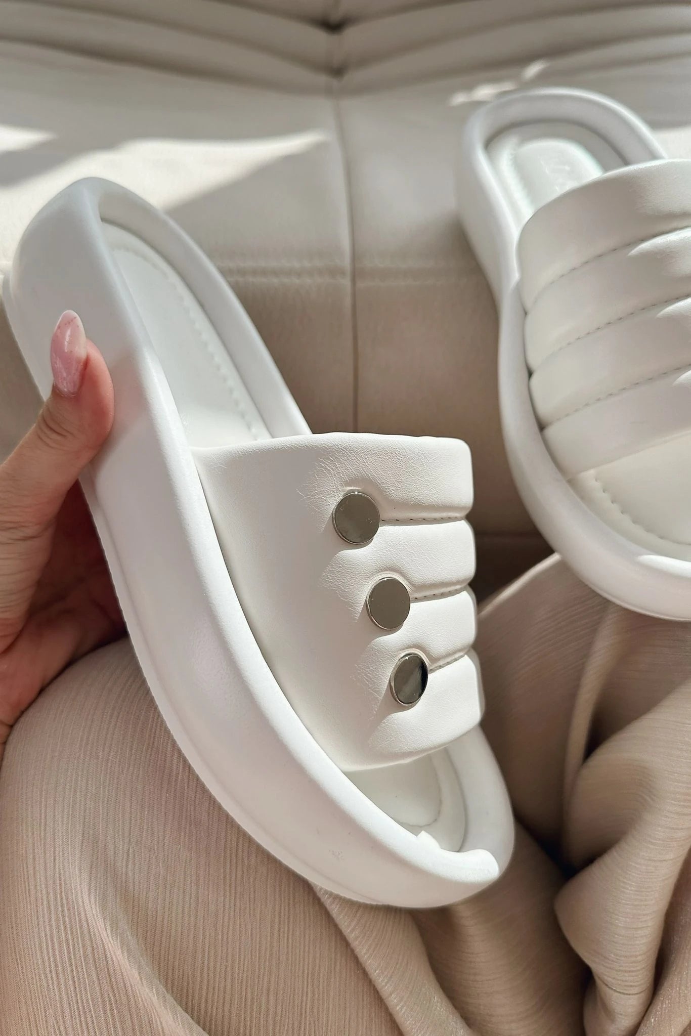 Roly White Faux Leather Studded Women's Mules