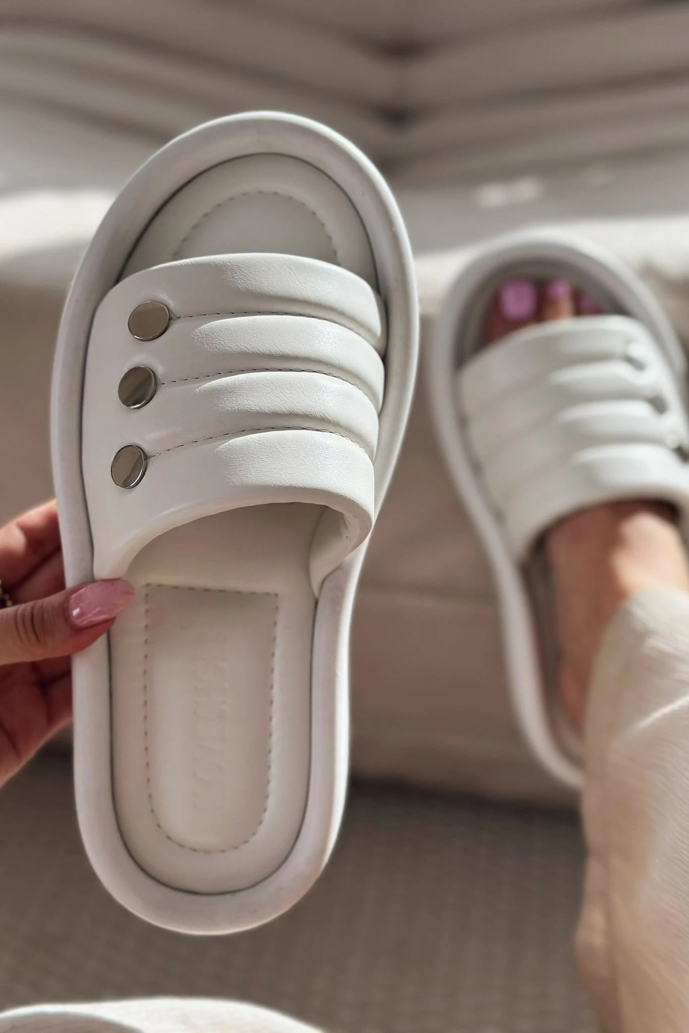 Roly White Faux Leather Studded Women's Mules