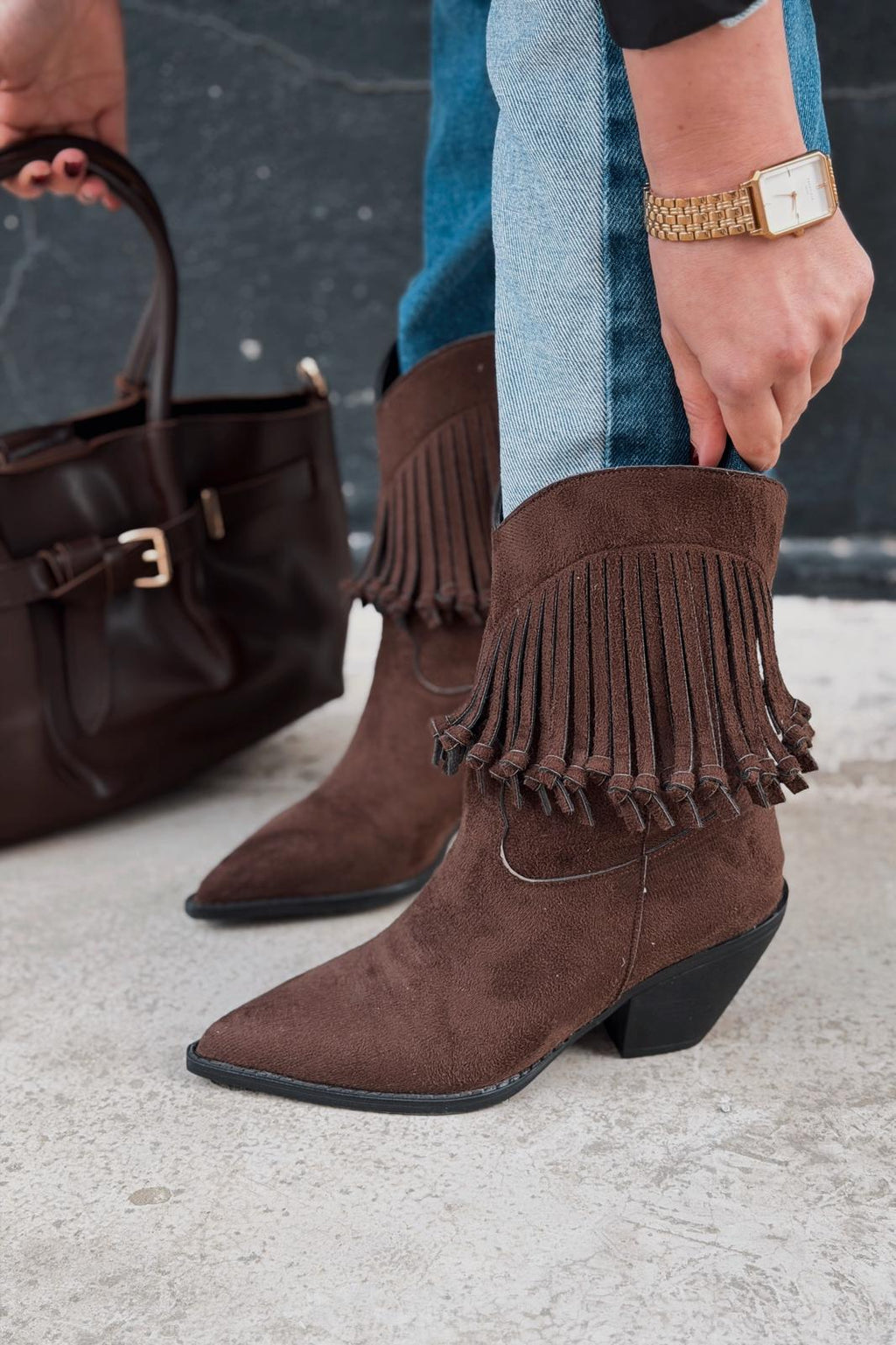 Iserne Women's Cowboy Boots Light Brown Suede Fringed